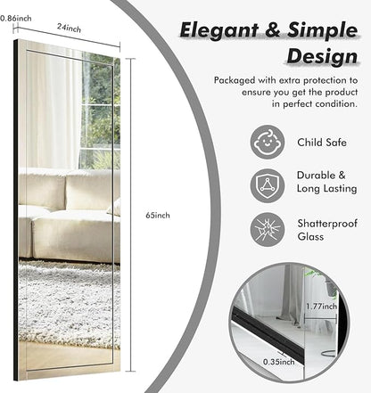 Syndra 65‘’x24‘’ Beveled Edge Full Length Mirror, Frameless Wall-Mounted & Glass Frame Mirror, Large Rectangle Full Body Mirrors for Bedroom, Living Room, Bathroom, Entryway(Vertical or Horizontal)
