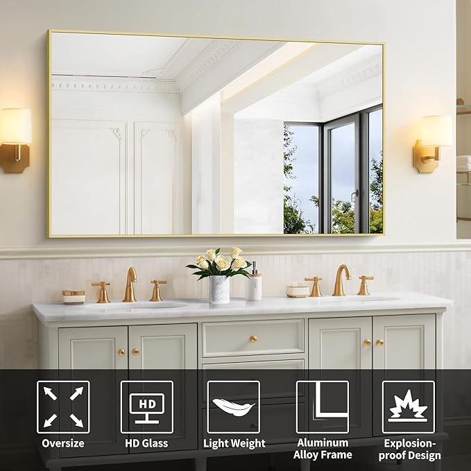 COFENY 30x55In Gold Bathroom Mirror for Wall, Brushed Gold Rectangle Mirrors with Metal Frame, Bathroom Rectangular Mirror Modern Wall Mirror for Bedroom Living Room, Hangs Horizontal or Vertical