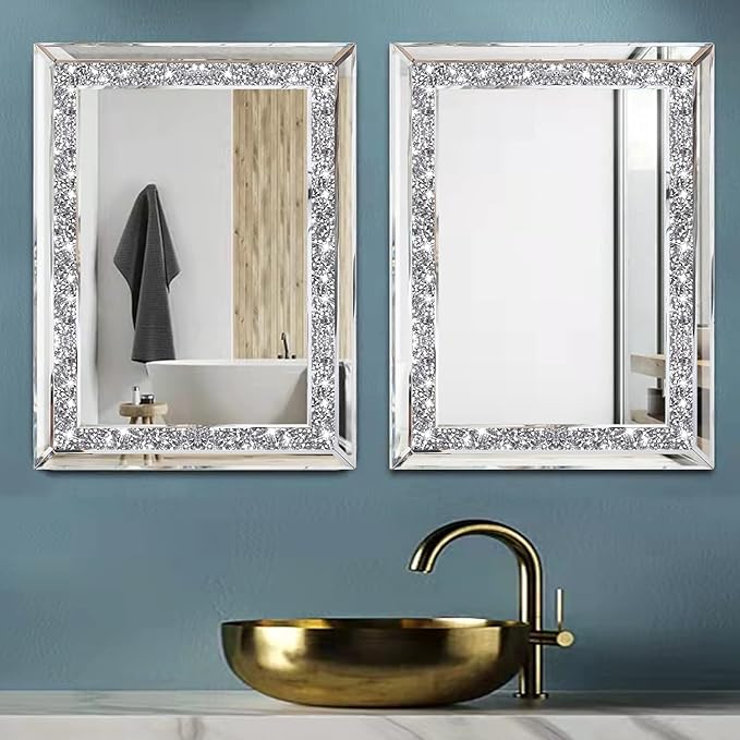 ZOLAPI 2PCS Crystal Rhinestone Diamond Wall Mirror.Brilliant Hand-Spliced Glass Mirror.Accent Decorative Mirror for Hallway/Bathroom/Bedroom（11”x15”）