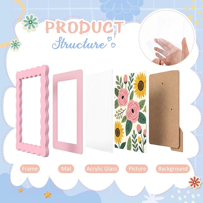 Wonderjune 10 Pack Colorful Scalloped Picture Frames for Girl Room Decor, 3 Sizes 4x6 5x7 6x8, Collage Gallery Wall Frame Set, Cute Curved Picture Frames for Wall or Desktop Display, Photo Walls