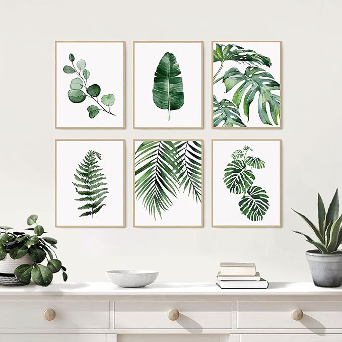 HoozGee Botanical Wall Art Prints Set of 6 Tropical Leaves Canvas Decor Plant Leaf Boho Wall Decor Pictures Green Boho Posters Art Set Bathroom Wall Art Poster (11"x14" UNFRAMED)