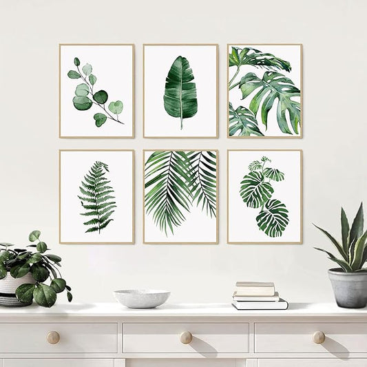 HoozGee Botanical Wall Art Prints Set of 6 Tropical Leaves Canvas Decor Plant Leaf Boho Wall Decor Pictures Green Boho Posters Art Set Bathroom Wall Art Poster (11"x14" UNFRAMED)