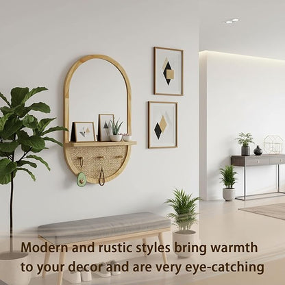 Wood Wall Mirror with Hooks, 30x18 Inch Boho Wall Mirror with Removable Shelf, Oval Solid Wood Framed, Handmade Rattan Mirror Decor Accent for Entryway, Bathroom, Nursery, Bedroom, Living Room