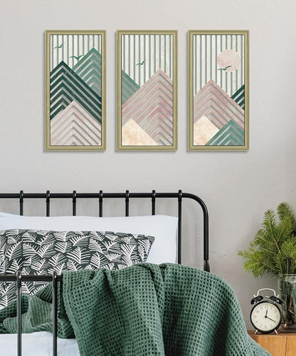 Putuo Decor Boho Mountain Wall Decor Set of 3, Rustic Farmhouse Wooden Wall Art, Nature-Inspired Geometric Artwork, Mid-Century Modern Aesthetic for Living Room Bedroom Entryway, Pink