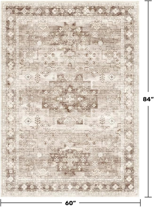 Hazo Haus Washable Neutral Farmhouse Bedroom Rug, 5x7 Area Rugs for Living Room, Nursery Room, Boho Vintage Floral Non-Slip Rug Low Pile Stain Resistant (5x7 Beige/Latte)