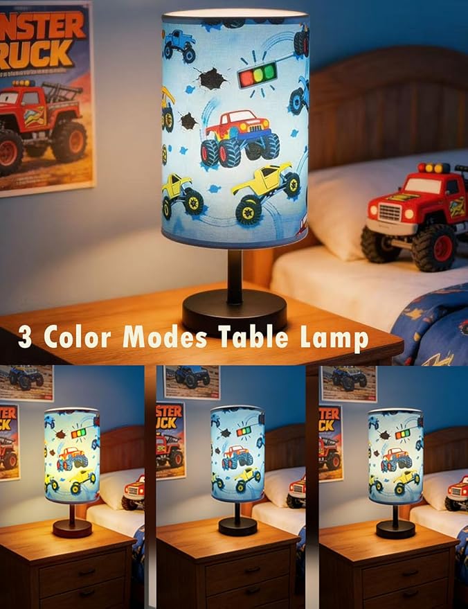 Monster Truck Room Decor, Car Lamp 3-Color Small Linen Desk Lamp, 10 x 5.12 Inch with Integrated LED, Kids Lamps for Bedrooms Boys, Living Lighting Table Lamps Home Decoration (Racing Car)