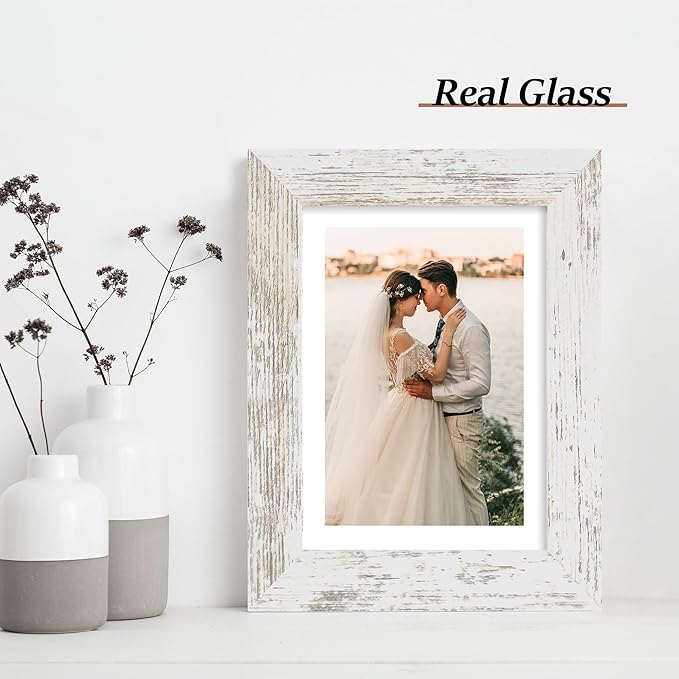 iRahmen 5x7 Picture Frame Set of 2 with HD Glass, Distressed White Wood Photo Frames Display 4x6 Picture with Mat or 5 x 7 Without Mat for Horizontal or Vertical Tabletop and Wall Mounting