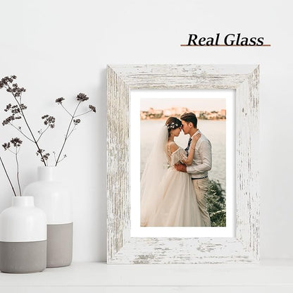 iRahmen 5x7 Picture Frame Set of 2 with HD Glass, Distressed White Wood Photo Frames Display 4x6 Picture with Mat or 5 x 7 Without Mat for Horizontal or Vertical Tabletop and Wall Mounting