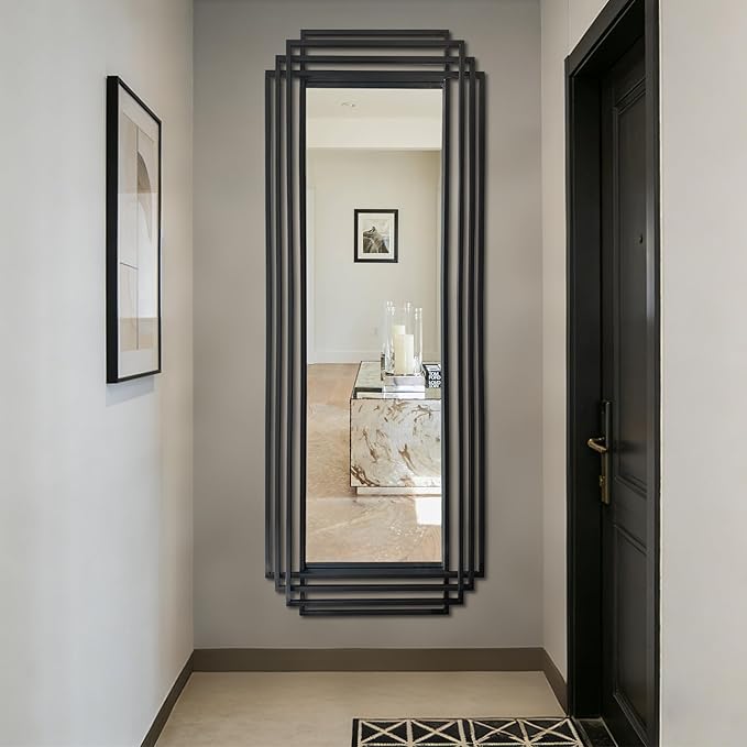 Geometric Full Length Mirror, 67"x26" Large Rectangle Aesthetic Mirror with Metal Frame, Art Deco Wall Mirrors for Living Room Entryway Hallway Cloakroom, Horizontal or Vertical Hanging