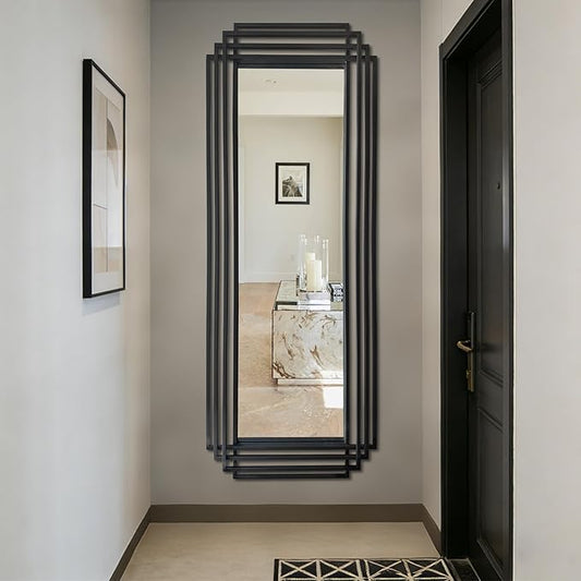 Geometric Full Length Mirror, 67"x26" Large Rectangle Aesthetic Mirror with Metal Frame, Art Deco Wall Mirrors for Living Room Entryway Hallway Cloakroom, Horizontal or Vertical Hanging