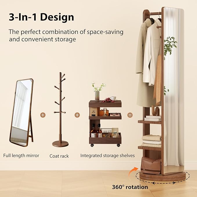 WoodsWhisper Full Length Mirror Coat Rack Solid Wood Floor Mirror 66"x12" Full Length Mirror with Stand Long Mirrors for Bedroom,Living Room (Walnut Brown, 70" L x 16" W)