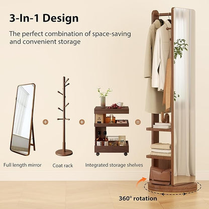 WoodsWhisper Full Length Mirror Coat Rack Solid Wood Floor Mirror 66"x12" Full Length Mirror with Stand Long Mirrors for Bedroom,Living Room (Walnut Brown, 70" L x 16" W)