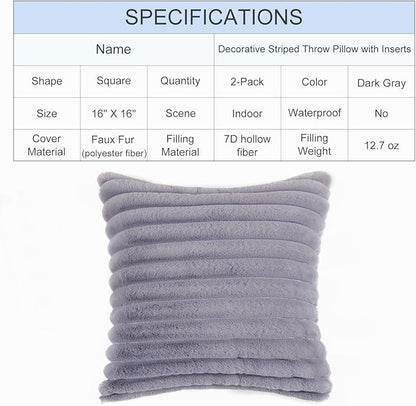 Decorative Throw Pillow with Inserts, Set of 2 Soft Faux Fur Throw Pillows, Square Boho Striped Pillow for Couch, Bed, Sofa Decor(Gray, 16" x 16")