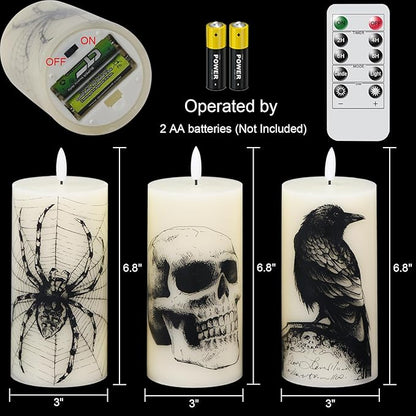 Halloween Flameless Candles Battery Operated with Remote and Timer, Real Wax 3D Wick LED Flickering Pillar Candles Skull Crow Spider Web Decals Dinner Halloween Decor(3 Pack, 3" D x 6" H)
