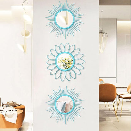 3 Pack Metal Mirrors for Wall Sunburst Wall Mirrors Home Décor Decorative Hanging Wall Art for Living Room Bedroom Entryway (Greenish Blue, Flower+Sunburst)