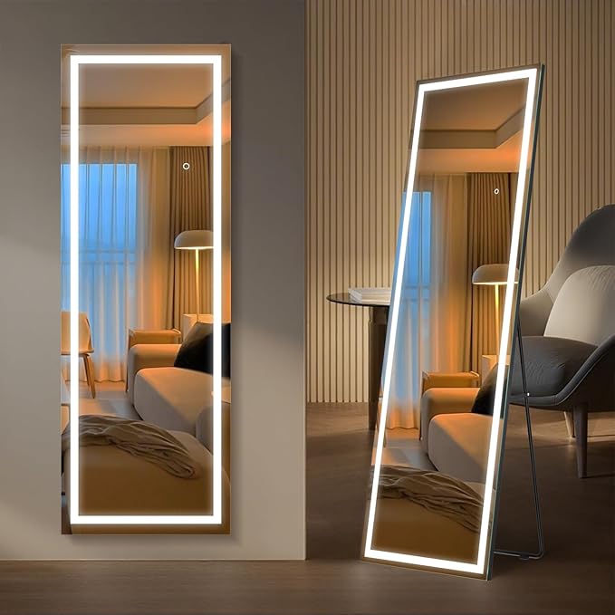 Kosmonia 65x22 Frameless Full Length Mirror, Dimmable 3 Color LED Light w/Memory Function, Distortion Free, HD Reflection & Anti Desilvering, Tempered Glass, Easy Setup w/Stand, Wall/Standing