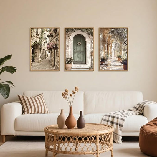 European Flower Street Framed Canvas Wall Art Set,Natural Architecture Travel City Landscape Wall Decor,Vintage Neutral Archway Cityscape Artwork for Living Room,Bedroom,Farmhouse-24 x36 x3