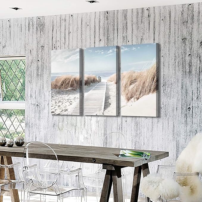 Hardy Gallery Beach Scene Picture Coastal Painting: Oceanside Sea Grass Trail Artwork on Canvas Print for Office(26''x16''x3pcs)