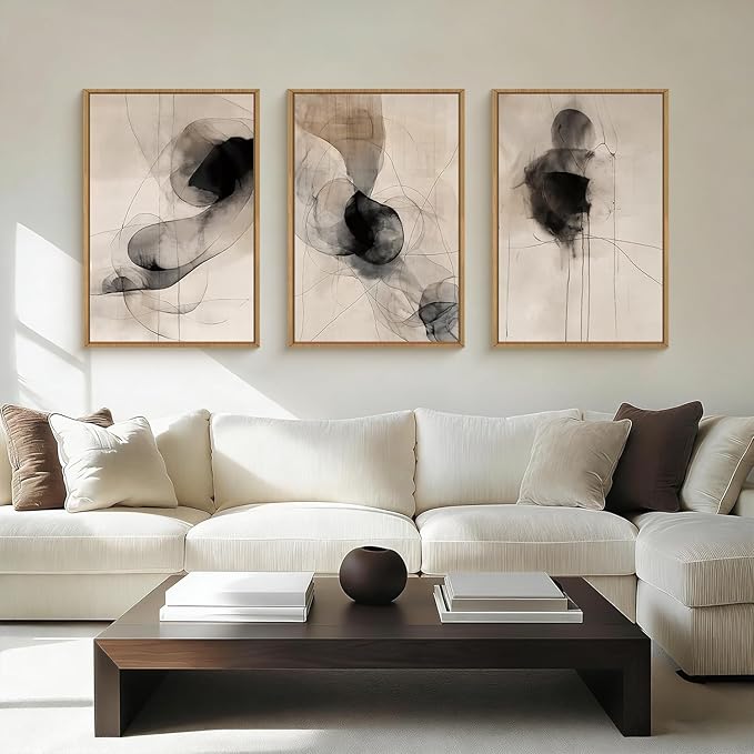 HPNIUB Beige Abstract Modern Framed Wall Art Set,Neutral Black Ink Line Wall Decor,Boho Geometric Line Art Print,Watercolor Minimalist Textured Brown Artwork for Living Room,Bedroom,Office-16''x24''x3