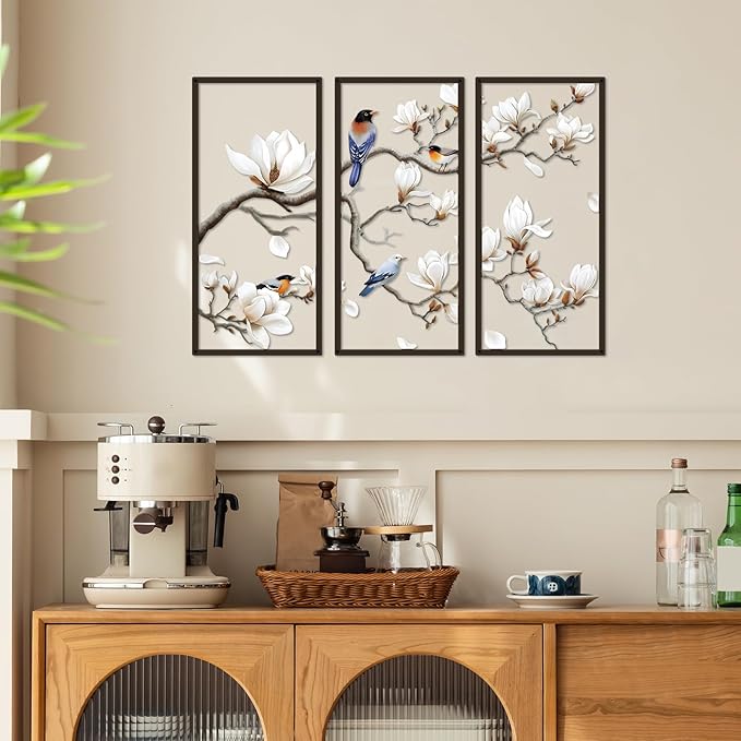 ShxTrade Metal Birds Wall Art, Large Metal Wall Art Vivid Bird on Tree Branch Silhouette Art Decor White Magnolia Tree Wall Sculpture for Home Living Room Garden Bedroom