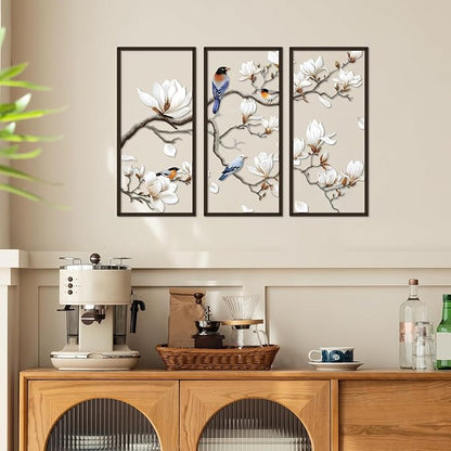 ShxTrade Metal Birds Wall Art, Large Metal Wall Art Vivid Bird on Tree Branch Silhouette Art Decor White Magnolia Tree Wall Sculpture for Home Living Room Garden Bedroom
