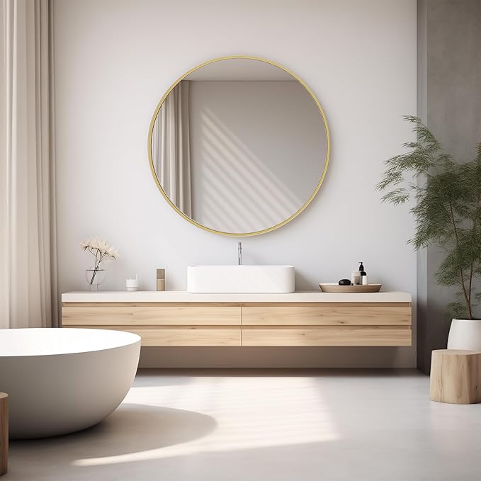 Sweetcrispy 36 Inch Round Wall Mirror with Tempered Glass, Bathroom Mirror Over Sink, Anti-Fog & Waterproof Round Mirror for Bathroom, Entryway, Bedroom, Shatterproof Design, Gold