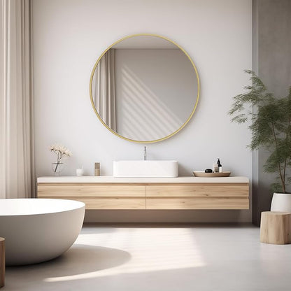 Sweetcrispy 36 Inch Round Wall Mirror with Tempered Glass, Bathroom Mirror Over Sink, Anti-Fog & Waterproof Round Mirror for Bathroom, Entryway, Bedroom, Shatterproof Design, Gold