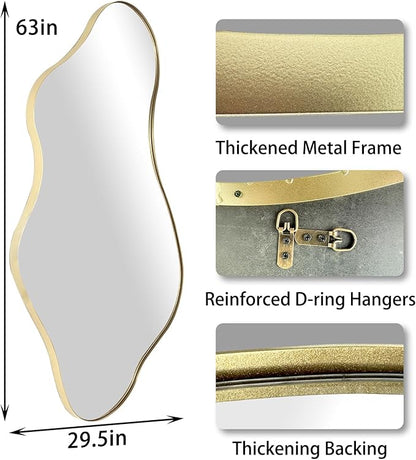 Large Irregular Wall Mirror, 63"x29.2" Asymmetrical Full Length Mirror with Gold Metal Frame, Organic Shaped Mirrors for Living Room Bedroom Hallway Entryway, Horizontal or Vertical Hanging
