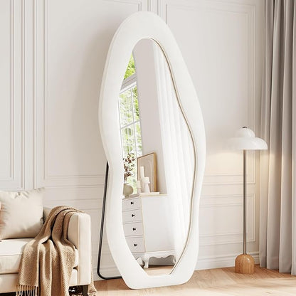 Full Length Mirror, 71"x30" Full Body Mirrors, Flannel Floor Mirrors with Stand, Irregular Wavy Mirror Hanging or Leaning Against Wall for Bedroom Living Room, Beige