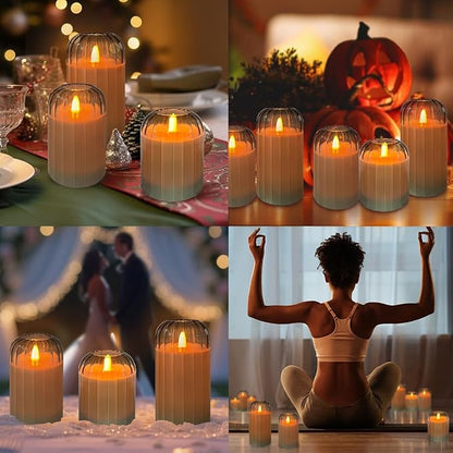 LEDHOLYT Rechargeable Flameless Candle, Flashing LED Pillar Real Wax Candle with Remote Control and Timer, Green Pumpkin Glass Electronic Candles for Room Decoration, 1 Set of 3