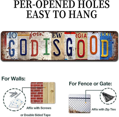 God is Good Vintage Metal Tin Sign - Rustic Inspirational Wall Art for Home, Prayer Room, Farmhouse, Office Décor - 4x16 Inch