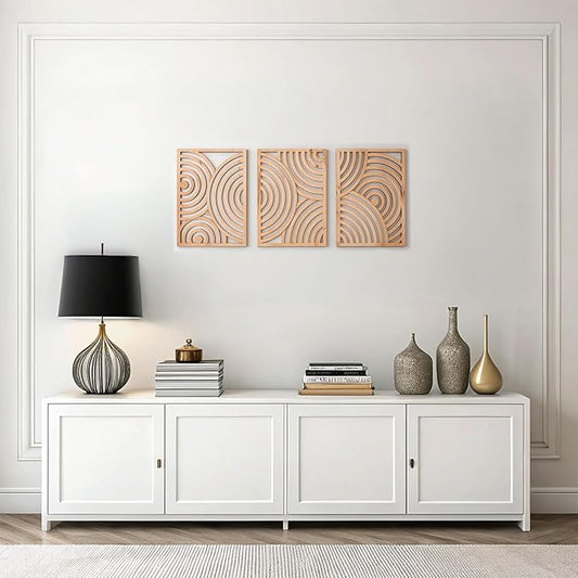 qmmp Modern Wooden Wall Sculptures - Set of 3 - Home Decor Accent - Large Wall Art for Living Room, Bedroom, Office - Easy Installation (Oak, Medium - Orbit)