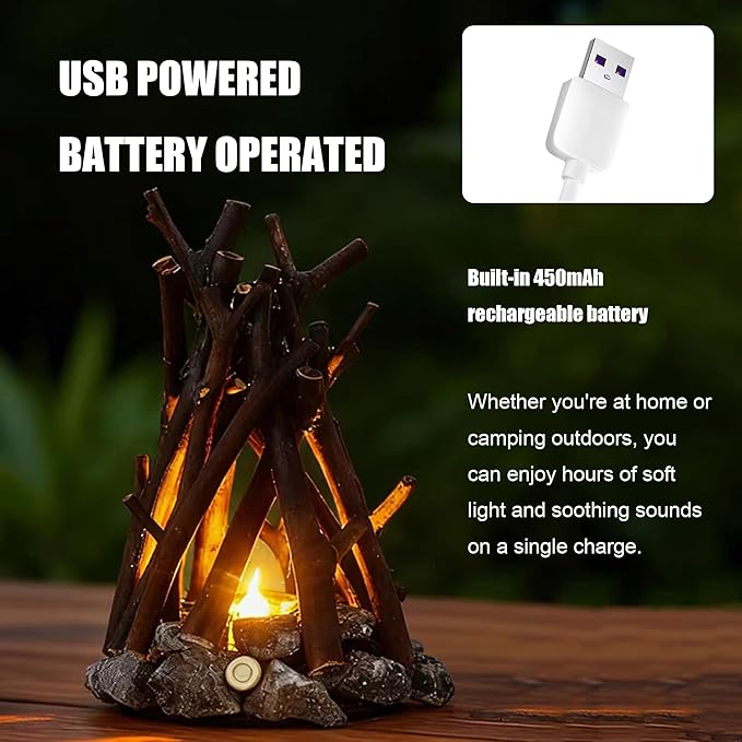 LED Campfire Light with Flame Sound - USB Rechargeable, 3 Modes, Realistic Flame & Stone Design, Creative Handcrafted Ambient Night Light for Holidays & Home Decor (M)