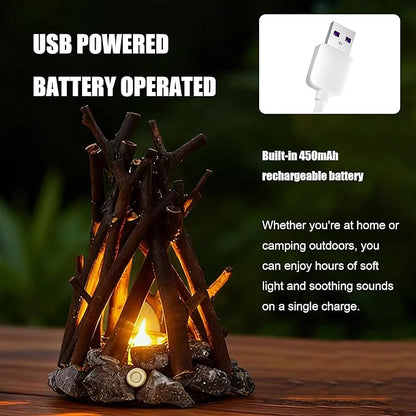 LED Campfire Light with Flame Sound - USB Rechargeable, 3 Modes, Realistic Flame & Stone Design, Creative Handcrafted Ambient Night Light for Holidays & Home Decor (M)