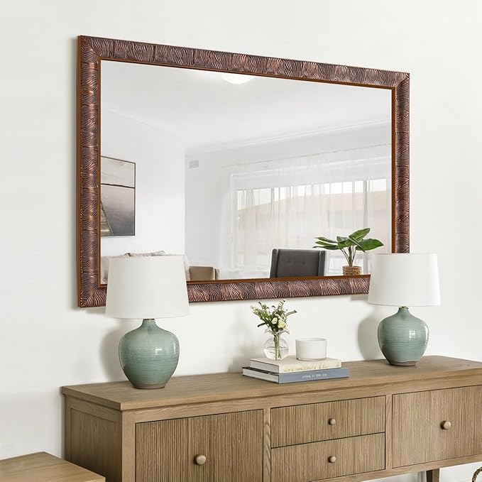 Chende Vintage Mirrors for Decor, 48'' x 32.3'' Bronze Living Room Mirror with Hand-Carved Feather Grain Wooden Frame, Farmhouse Home Wall Design for Bathroom, Entryway, Dining Room Decor
