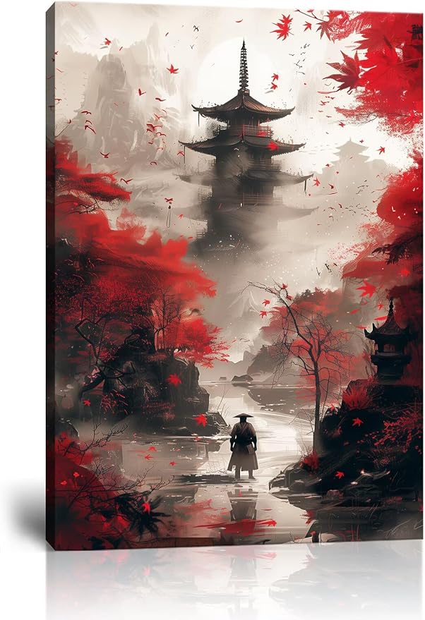 Japanese Canvas Wall Art Japanese Landscape Painting Prints Red and Black Cherry Blossom Trees Building Pictures Artwork for Men Bedroom Living Room Office (24''W x 36''H)