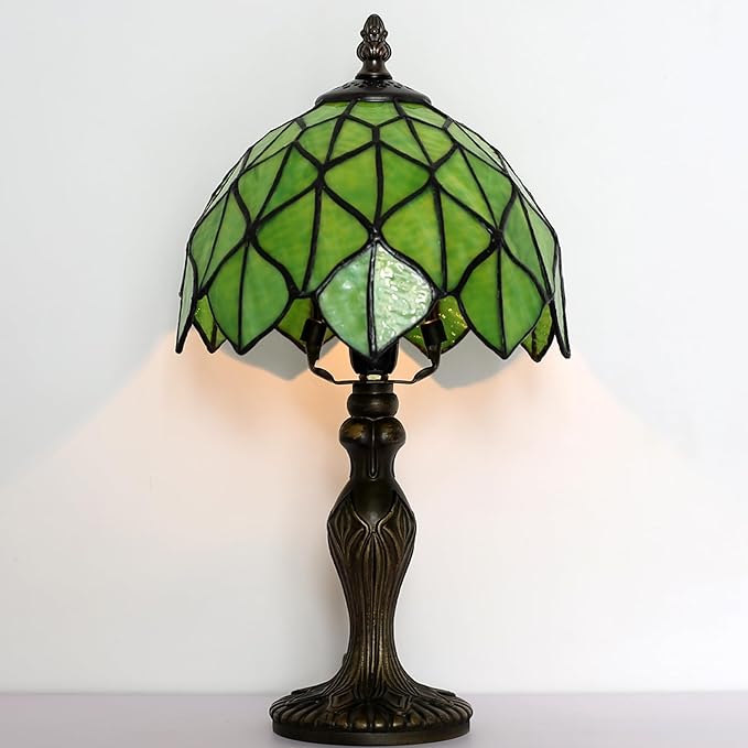 Tiffany Style Lamp Stained Glass Table Lamp 8 x 14.5 Mini Accent Light Green Maple Leaf Design Small Decorative Bedside Reading Memory Lamp