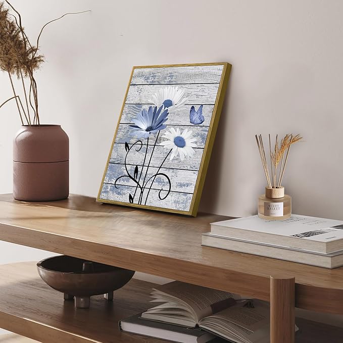 HVEST Blue and White Floral Wall Art for Living Room, Rustic Daisy Butterfly on Farmhouse Wood Canvas Wall Art Nature Plant Flower Pictures for Bedroom Bathroom Decor Framed Artwork, 17L X 12W inches
