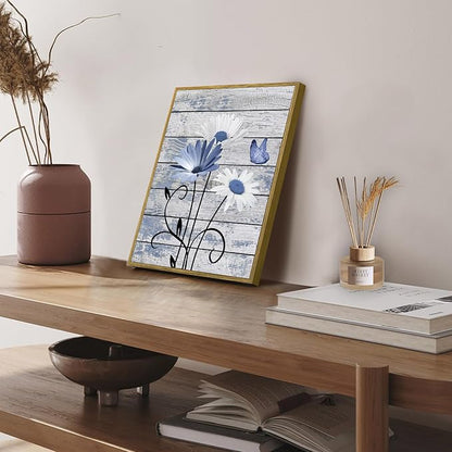 HVEST Blue and White Floral Wall Art for Living Room, Rustic Daisy Butterfly on Farmhouse Wood Canvas Wall Art Nature Plant Flower Pictures for Bedroom Bathroom Decor Framed Artwork, 17L X 12W inches