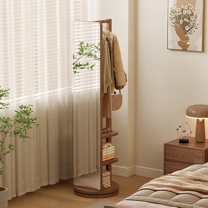 WoodsWhisper Full Length Mirror Coat Rack Solid Wood Floor Mirror 66"x12" Full Length Mirror with Stand Long Mirrors for Bedroom,Living Room (Deep Walnut, 66" Lx12 W)