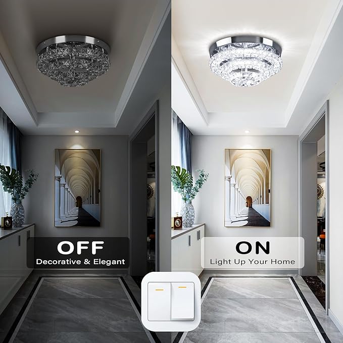 11.8" Crystal Chandeliers Modern Crystal Ceiling Light LED Chandeliers Semi Flush Mount Chandelier Ceiling Light Fixture for Bedrooms Dining Living Room Hallway (6500K Cool White)