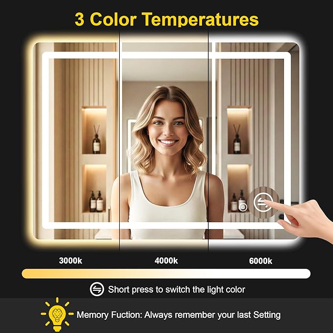 LED Bathroom Mirror with Lights - Anti-Fog, Dimmable, Backlit+Frontlit, 3 Color Light - 40"x30" Lighted Vanity Mirrors for Wall, Shatterproof Tempered Glass, Memory Function