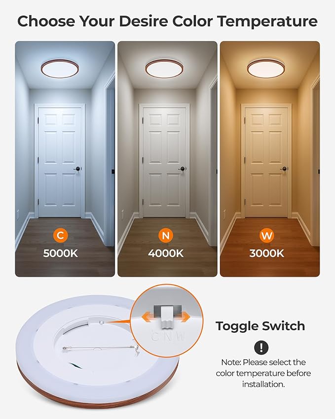 Matane 12inch LED Flush Mount Ceiling Light with Night Light, 2400LM 3000K 4000K 5000K Dimmable Light Fixture, Low Profile Ceiling Light for Bedroom, Living Room, Kitchen, Hallway, Walnut