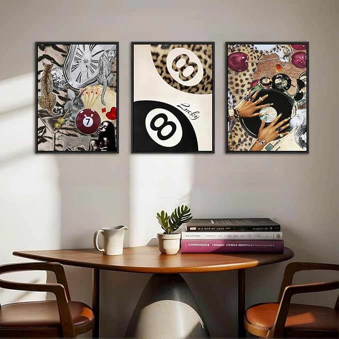 Fashion Cheetah Wall Art Set of 3 Leopard Wall Decor Pictures Lucky 8 Ball Poster Canvas Painting Prints Dark Red Cheetah Artwork for Bedroom Living Room 12x16 inch Black PS Framed