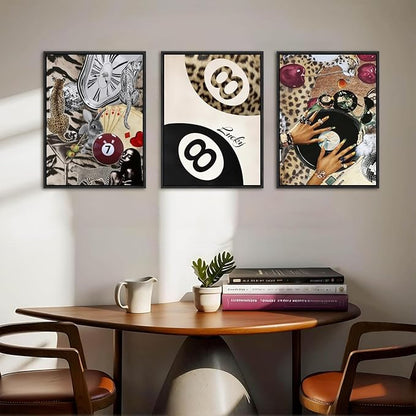 Fashion Cheetah Wall Art Set of 3 Leopard Wall Decor Pictures Lucky 8 Ball Poster Canvas Painting Prints Dark Red Cheetah Artwork for Bedroom Living Room 16x24 inch Black PS Framed