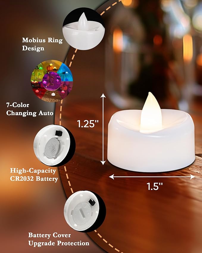 merrynights Flameless Candles, 12-Pack Color Changing Tea Lights Candles Battery Operated, Long-Lasting 200+ Hours Flameless Tealight Candles for Halloween Christmas Holiday Decor, 1.5'' D X 1.25'' H
