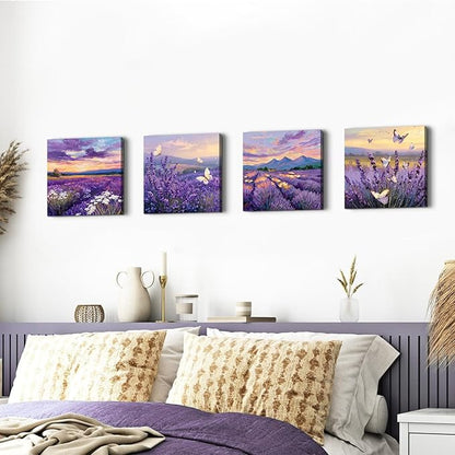 Purple Lavender Wall Art Bedroom Wall Decor Abstract Butterfly Scenery Pictures for Living Room Watercolor Sunset Forest Paintings Canvas Prints Mountain Posters Artwork Home Decoration 12x12” 4Pcs