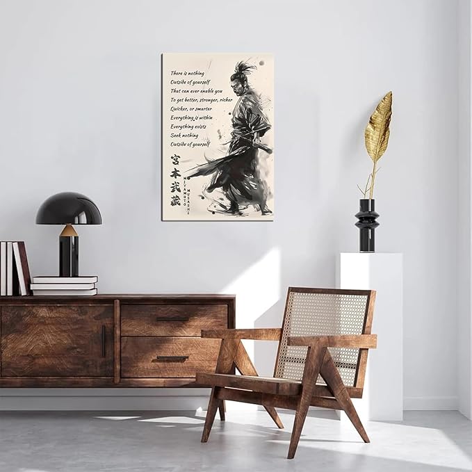 Japanese Samurai Wall Art Miyamoto Musashi Canvas Prints Vintage Japanese Artwork Motivational Poster Inspirational Quotes Painting for Men Bedroom Living Room Office (24''W x 36''H)