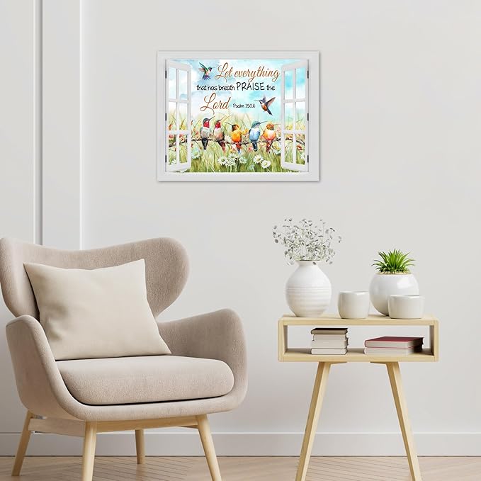 LB Watercolor Hummingbird Wall Art with Bible Quote - Floral Scripture Canvas Print Framed Ready to Hang, Vibrant Floral Bird Design for Living Room Bedroom Office Bathroom Decor, 16x20 Inch Home Gift