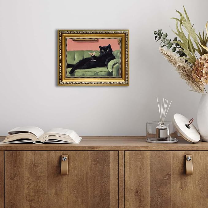YD&YZY Gold Framed Funny Cat Wall Art Canvas Black Cat Martini Vintage Quirky Humor Bar Cart Wall Decor Cute Animal Painting Picture Print Artwork for Bedroom Living Room Bathroom 8x10 inch Small Framed